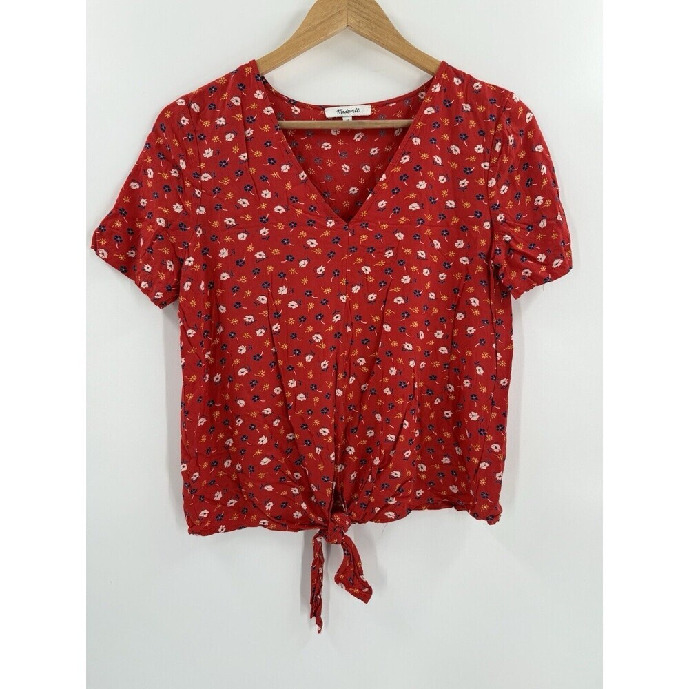 Madewell Womens XSMALL Tie Front Blouse Red Floral Short Sleeve V-Neck Viscose